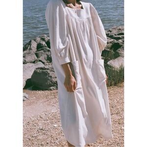 Na Nin Eunice Raw Silk MuuMuu - Cream White Puff Sleeve Relaxed Fit Midi Dress
